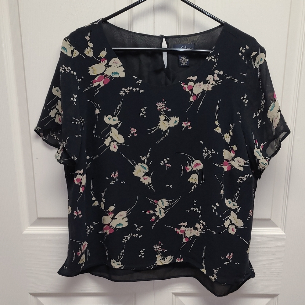 ANDREA Viccaro Black Flowy Shear Short Sleeve Floral Blouse Silk Lining 2X